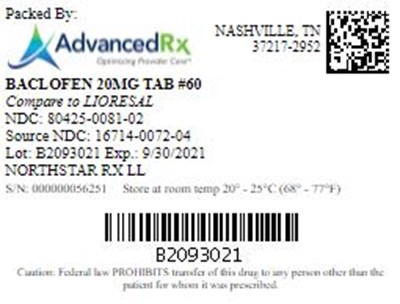 Baclofen 20mg Tab Qty 60 Ndc  80425 0081